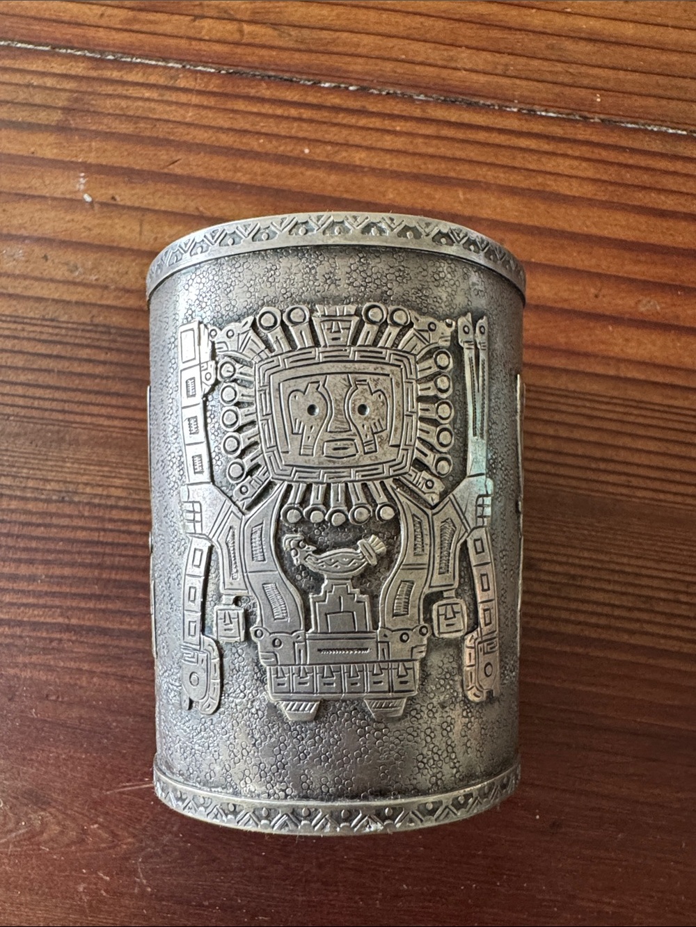 Vintage Silver Peruvian Bracelet Cuff with Viracocha Incan Creator Deity Relief
